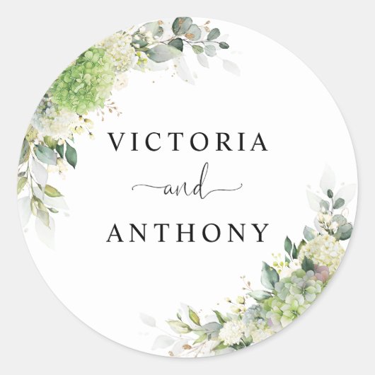 Autocollant Rond Classique Mariage Hydrangeas Élég (Devant)