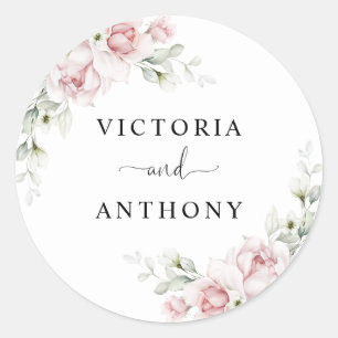 Autocollant Rond Classique Mariage Roses Rose Pâle
