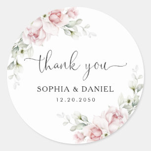 Autocollant Rond Classique Mariage Roses Rose Pâle