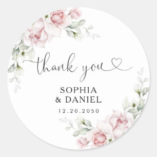 Autocollant Rond Classique Mariage Roses Rose Pâle