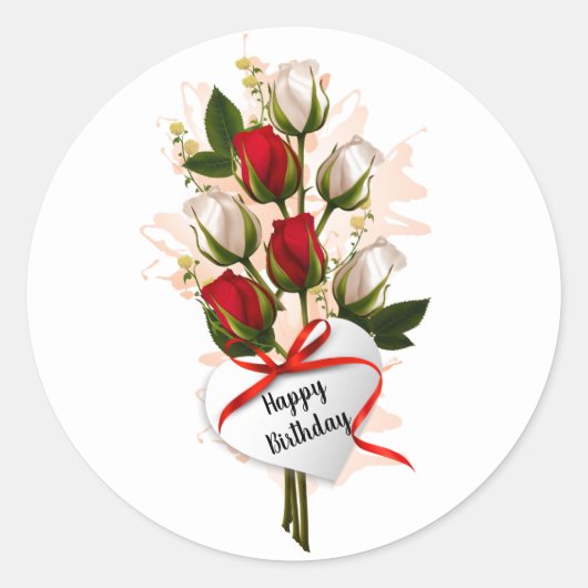 Autocollant Rond Classique Roses Joyeux Anniversai (Devant)