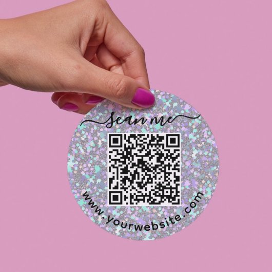 Autocollant rond code QR iridescent et texte perso