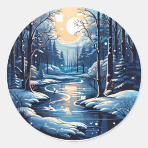 Autocollant rond de forêt d'hiver