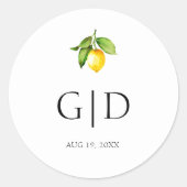 Autocollant rond de mariage à monogrammes citron j (Devant)