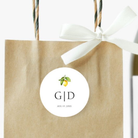 Autocollant rond de mariage à monogrammes citron j