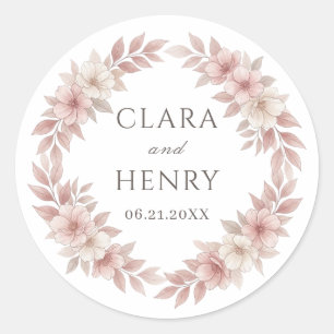 Autocollant Rond de Mariage Floral Aquarelle Rose 