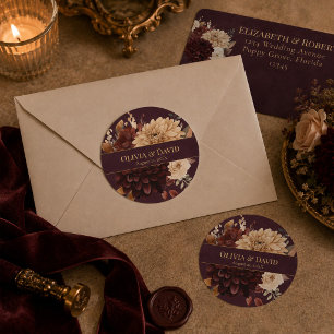 Autocollant rond de mariage gothique floral burgun