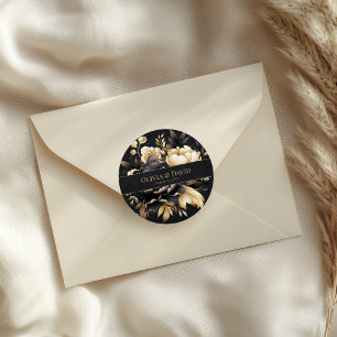 Autocollant Rond de Mariage Pivoine Noir & Or