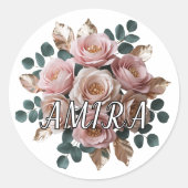 Autocollant Rond de Monogramme Floral Or Rose Pers (Devant)