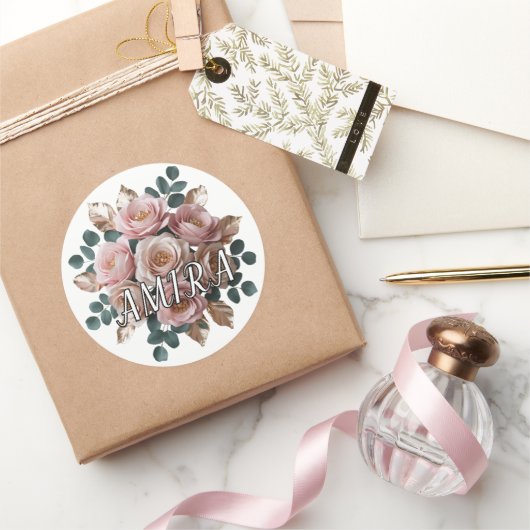 Autocollant Rond de Monogramme Floral Or Rose Pers (Cadeaux)