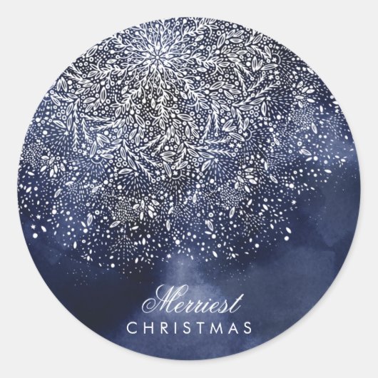Autocollant rond de Noël Blue Snowflake personnali (Devant)