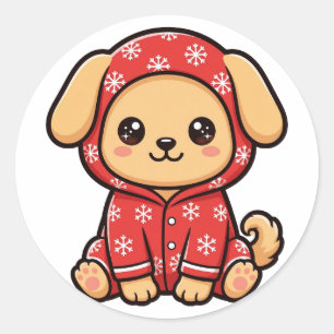 Autocollant rond de Noël Chien en pyjama de Noël