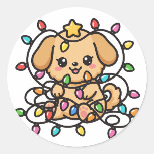 Autocollant Rond de Noël Chien Sapin de Noël