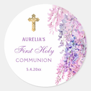 Autocollant rond de première communion à l'aquarel
