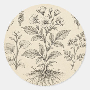 Autocollant Rond Dessin Botanique Vintage