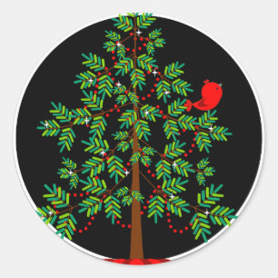 Autocollant rond d'oiseau rouge d'arbre de Noël