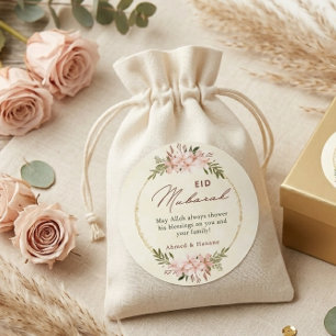 Autocollant Rond Eid Mubarak Fleurs Rose Élégant