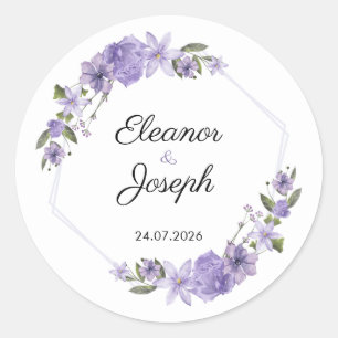 Autocollant Rond Étiquette Fleurs Violettes Mariag