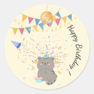 Autocollant Rond Joyeux Anniversaire Chat Mignon