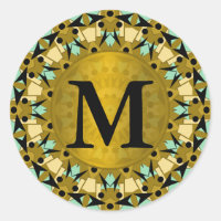 Autocollant rond Kaleidoscope Or, Monogramme Vert