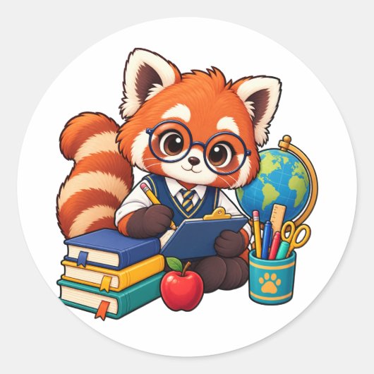 Autocollant rond Kawaii Red Panda Study Buddy (Devant)