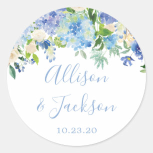 Autocollant rond Mariage Floral Blue Hydrangeas