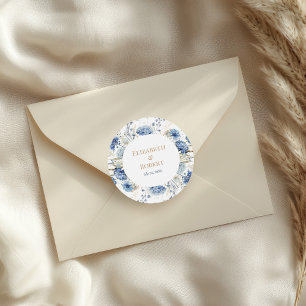Autocollant Rond Mariage Hydrangea Champagne Bleu