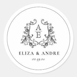 Autocollant rond Mariage Monogramme noir et blanc