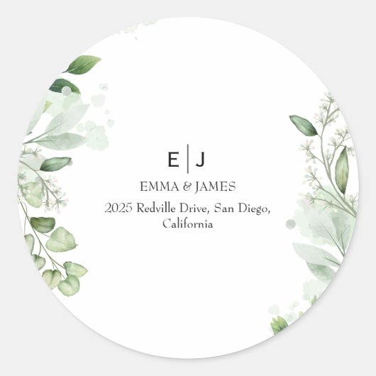 Autocollant Rond Monogramme à Verdure Minimale (Devant)