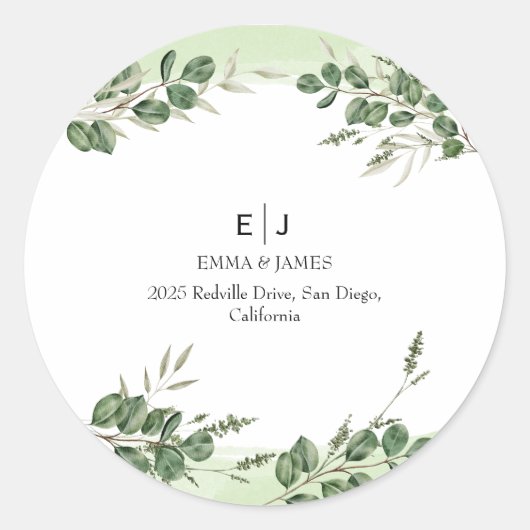 Autocollant Rond Monogramme à Verdure Minimale (Devant)