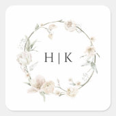 Autocollant Rond Monogramme Floral Aquarelle Éléga (Devant)