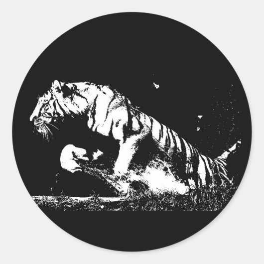 Autocollant rond noir blanc Tiger Pop Art (Devant)