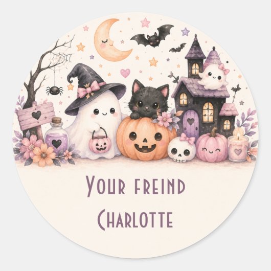 Autocollant rond nom d'amis Halloween mignon (Devant)