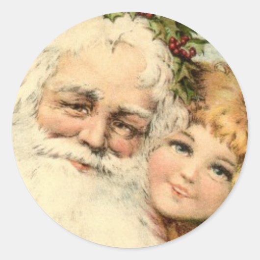 Autocollant rond PÈRE NOËL et petite fille VINTAGE (Devant)