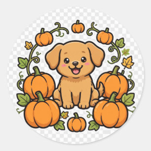 Autocollant rond pour Halloween avec un chiot dans