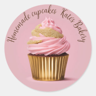 Autocollant rond rose pastel Gold Cupcakes fait ma