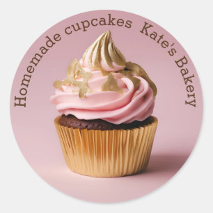 Autocollant rond rose pastel Gold Cupcakes fait ma