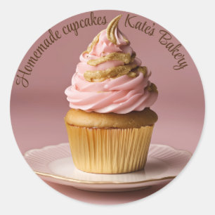 Autocollant rond rose pastel Gold Cupcakes fait ma