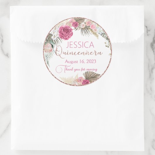 Autocollant rond Rose Quinceanera Parties scintill (Sac)