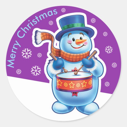 Autocollant rond violet de Noël Snowman batteur. (Devant)