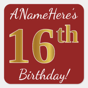 Autocollant Rouge, Faux Or 16e Anniversaire + Nom