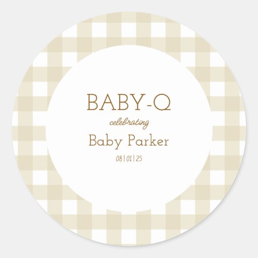 Autocollant simple gingham beige pour Baby Shower (Devant)