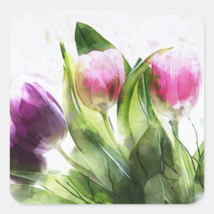 Autocollant Tulipes Rose et Violet Aquarelle