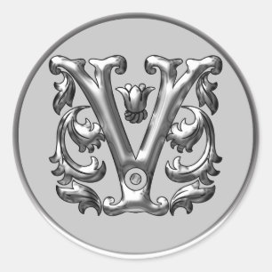 Autocollant V rond initial en argent