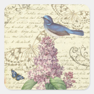 Autocollant vintage féminin avec oiseau et lilas