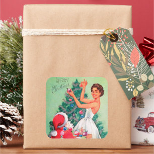 Autocollant vintage rétro Noël Père Noël Lady