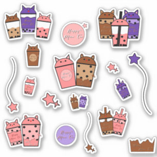 Autocollant vinyle Kawaii Meow Tea   Set de 17 aut