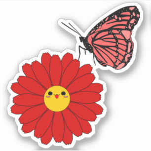 Autocollant vinyle Kawaii Red Daisy avec papillon