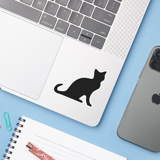 Autocollant vinyle silhouette de chat noir (Ordinateur portable avec iPhone)