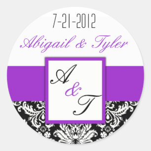 Autocollant violet noir Mariage Monogramme Damask